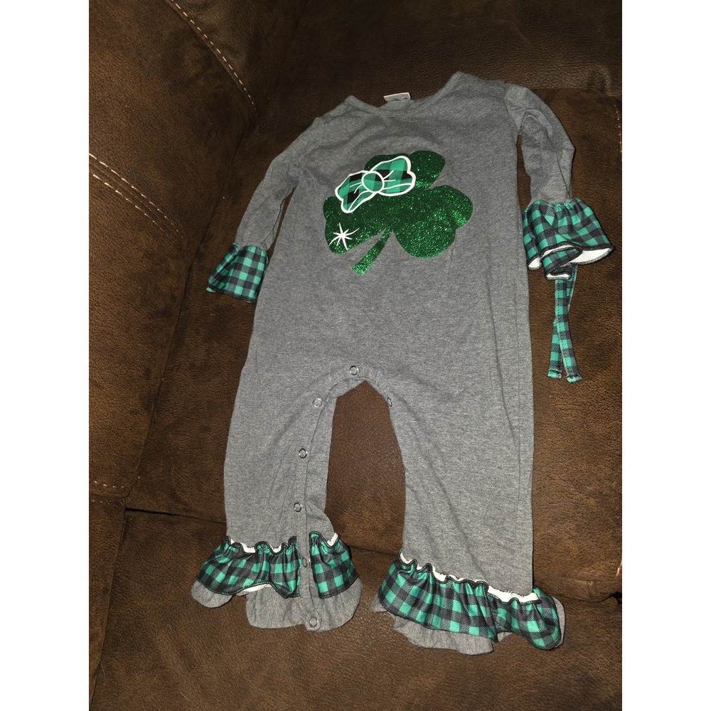 Boutique romper one piece outfit st Patrick's day 4 leaf clover 18 24 months